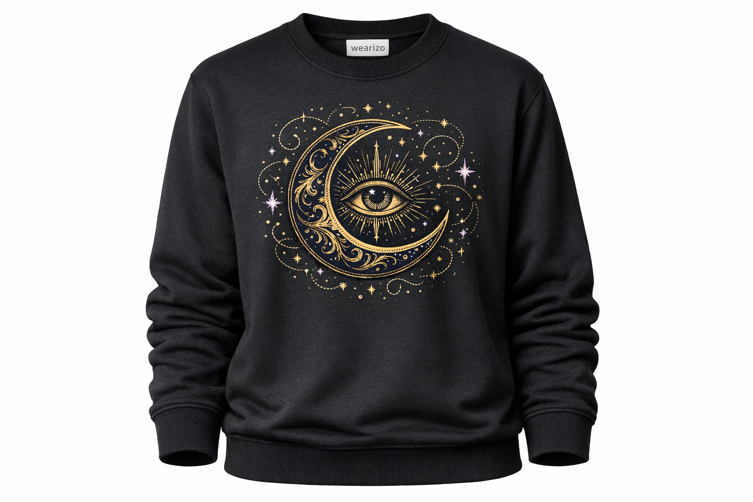 Wearizo Mystic Moon Celestial Graphic Sweatshirt — Boho Cosmic Aesthetic - Black