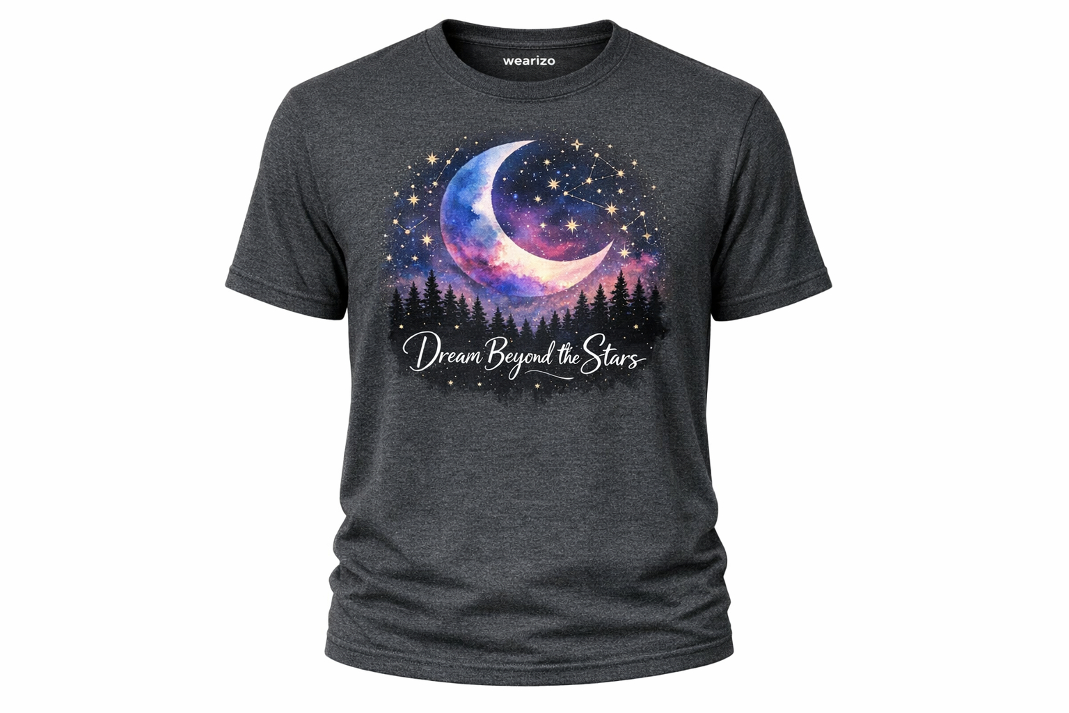 Wearizo Dream Beyond Moon Forest Graphic T-Shirt — Whimsical Stargazer Gift - DarkHeather