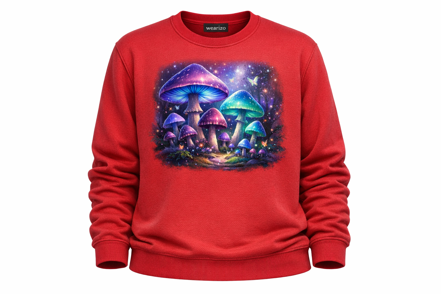 Wearizo Enchanted Glow Mushroom Forest Graphic Sweatshirt — Cottagecore Aesthetic - Red